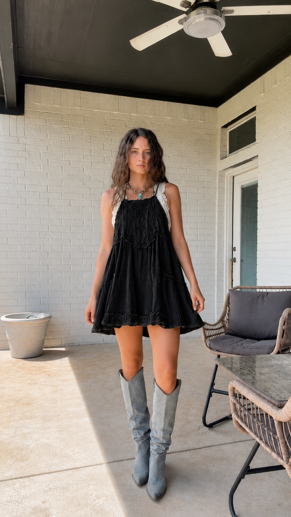 Sage Lace Yoke Tiered Mini Dress