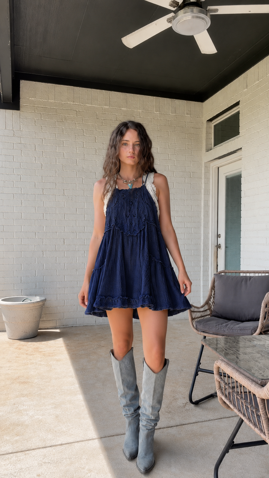 Sage Lace Yoke Tiered Mini Dress