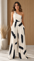 One-Shoulder Abstract Brushstroke Wide-Leg Jumpsuit