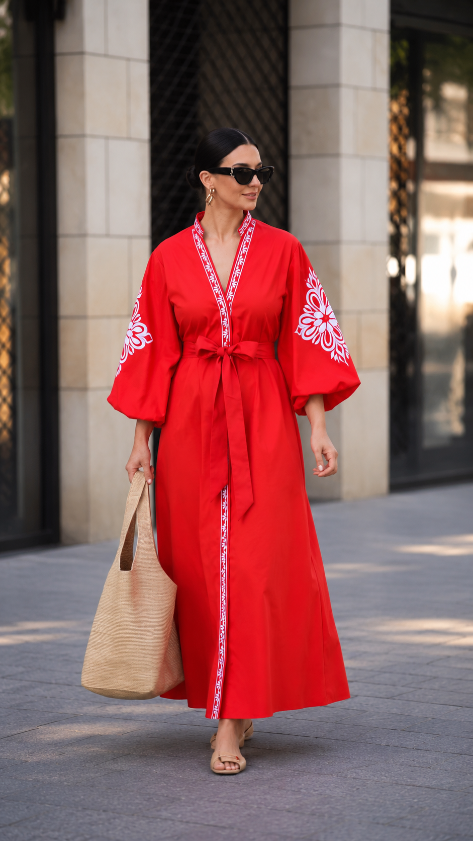 Embroidered Belted Maxi Dress