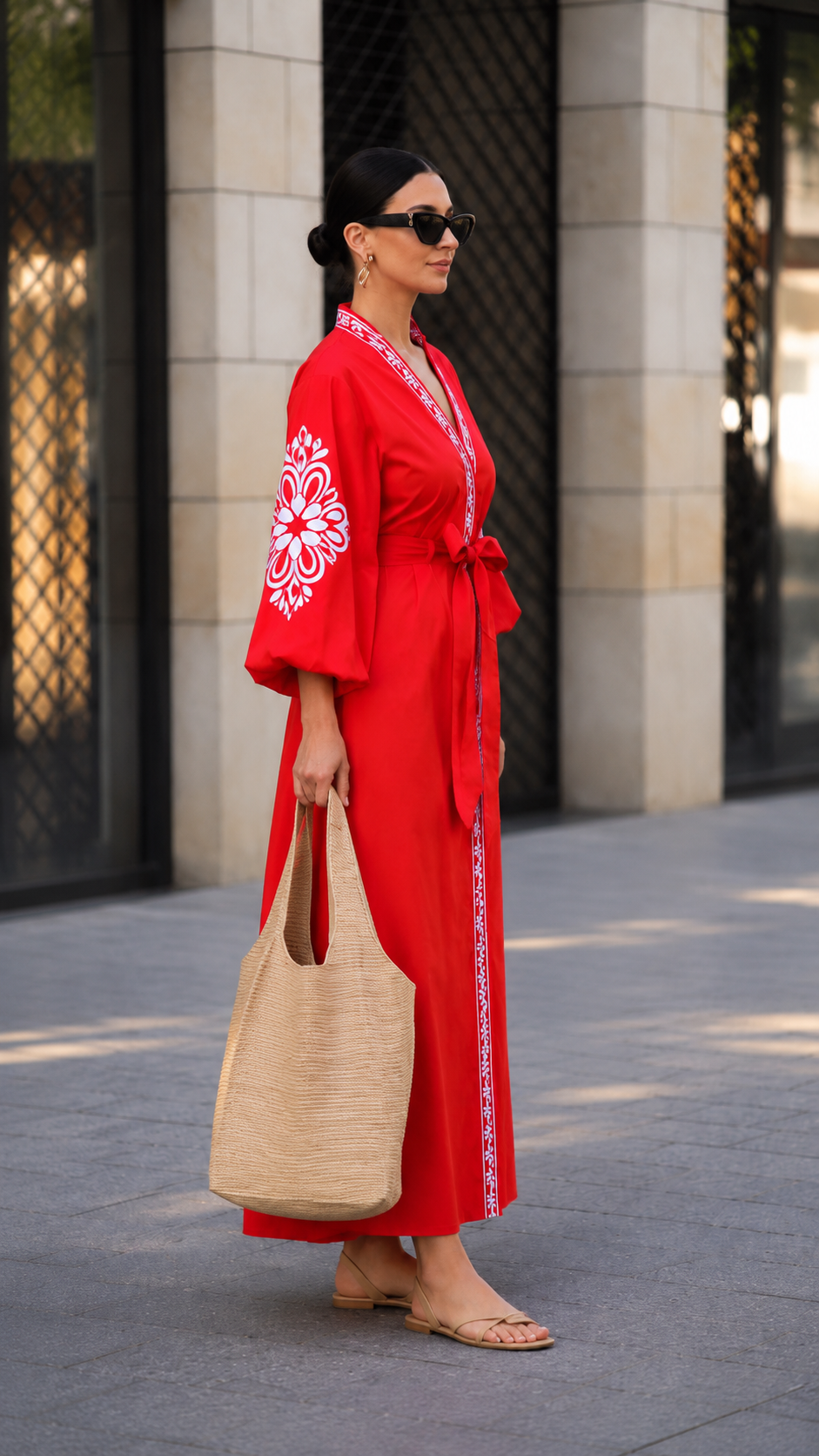 Embroidered Belted Maxi Dress