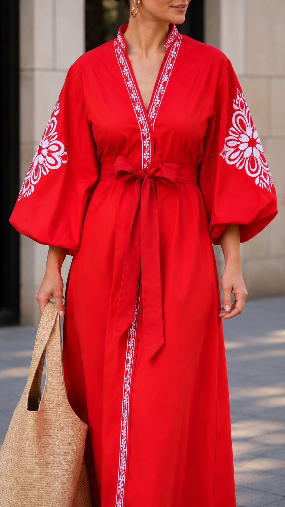 Embroidered Belted Maxi Dress