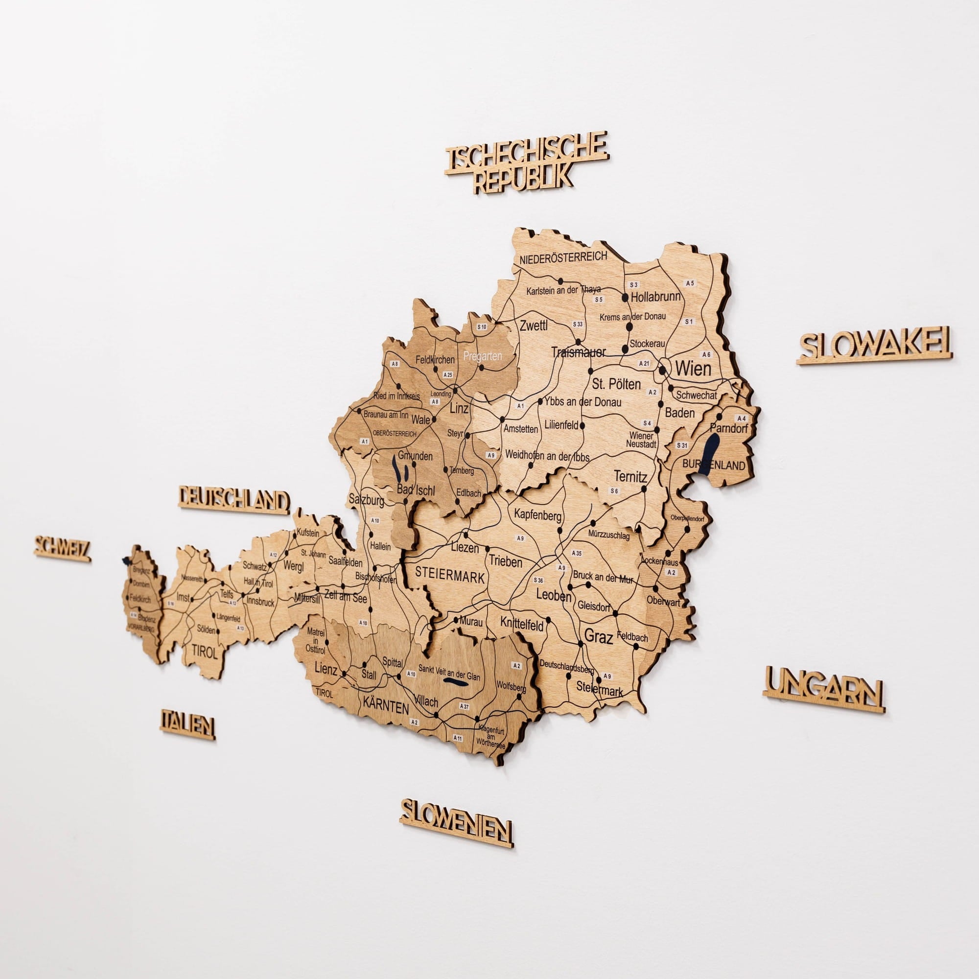 3D Wooden Map of Austria - Gold