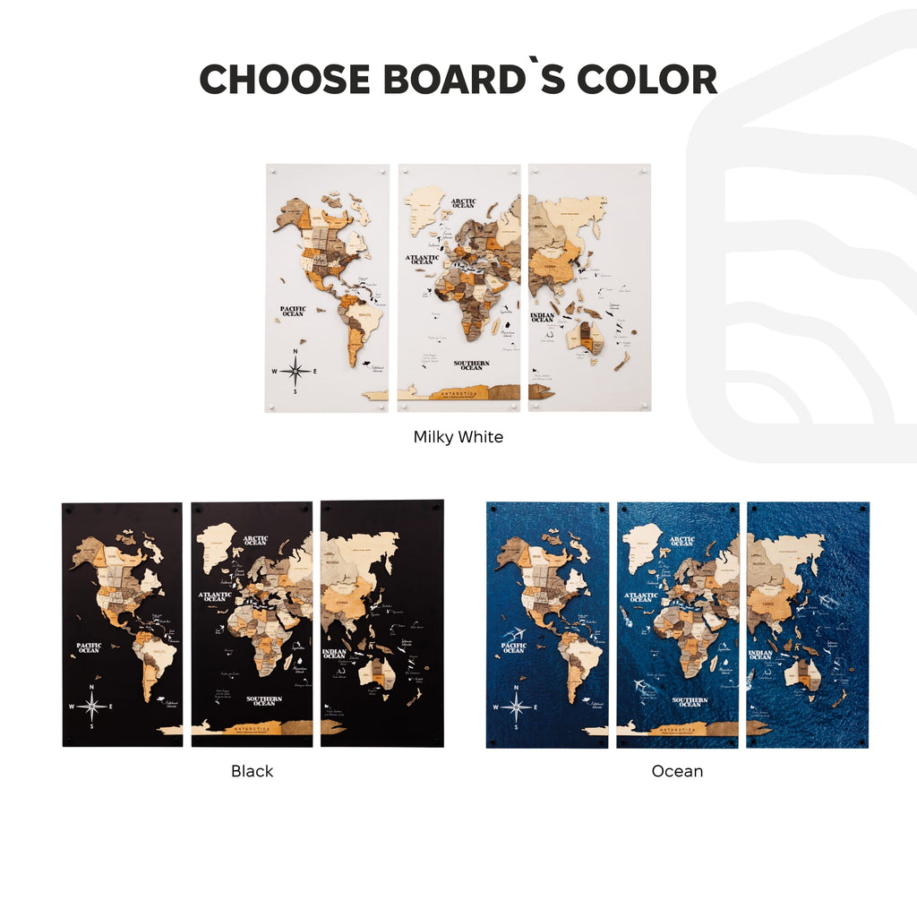 3D Wooden World Map Triptych Frameless - Multicolor