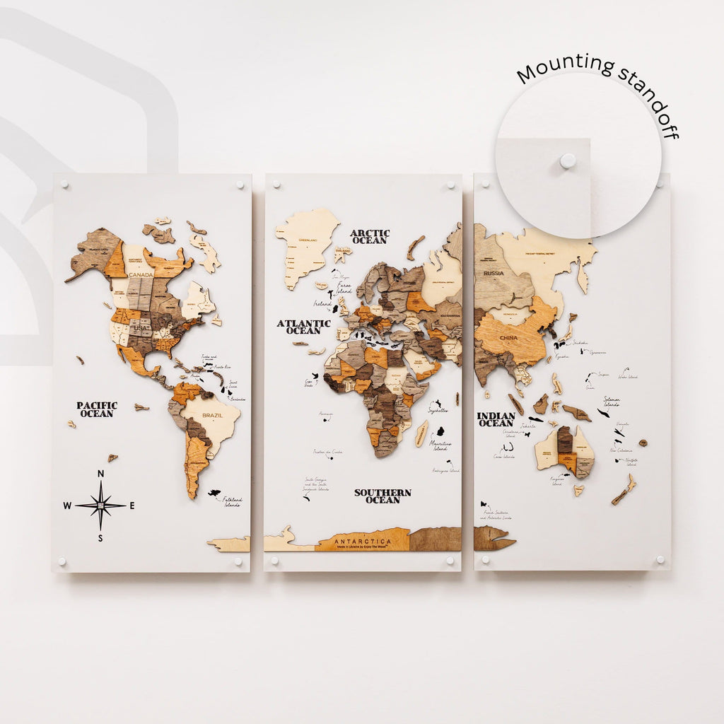 3D Wooden World Map Triptych Frameless - Multicolor