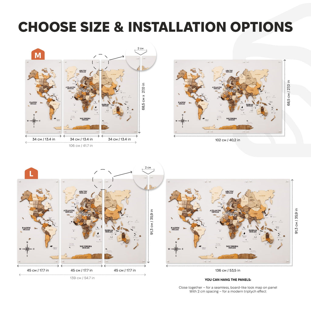 3D Wooden World Map Triptych Frameless - Multicolor