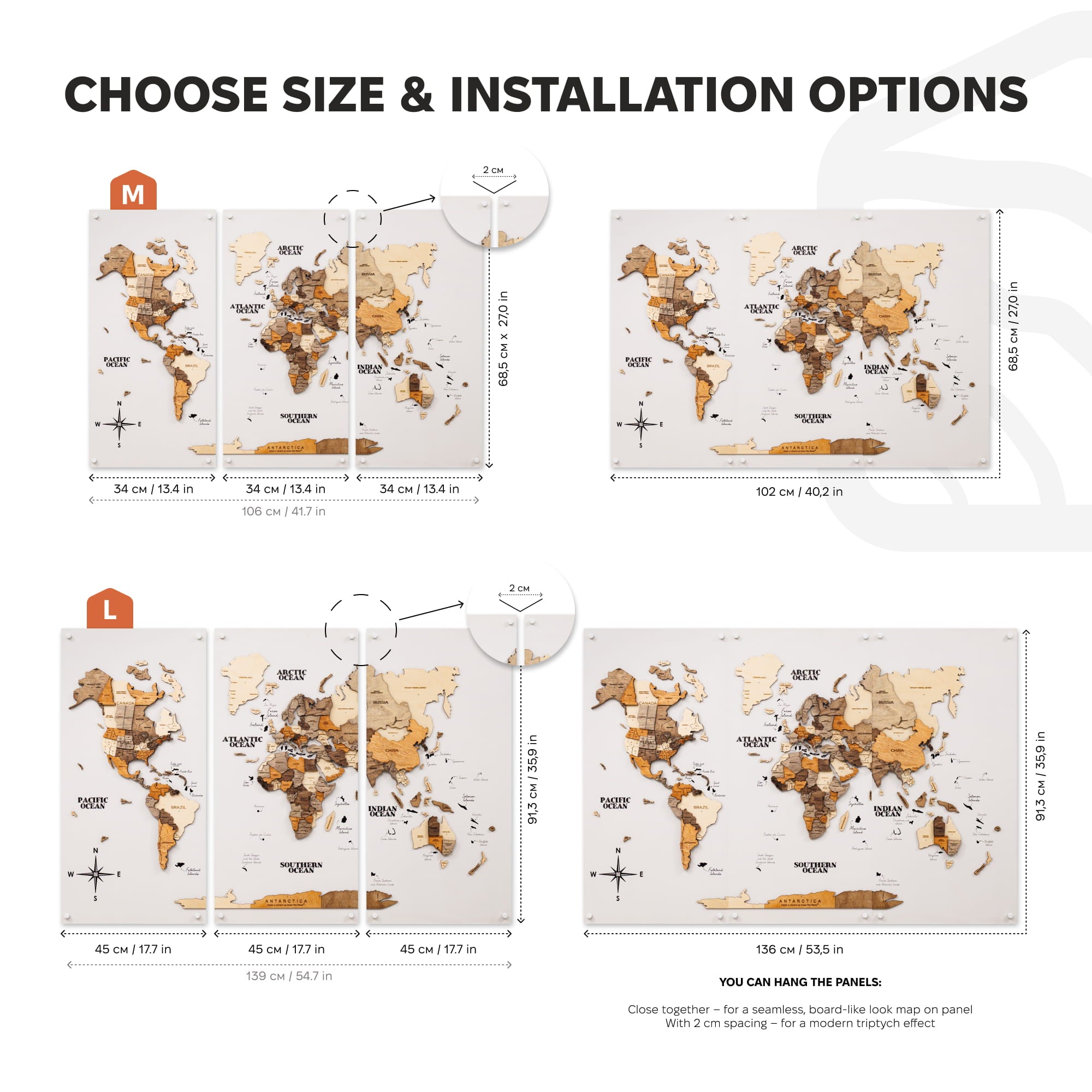 3D Wooden World Map Triptych Frameless - Multicolor
