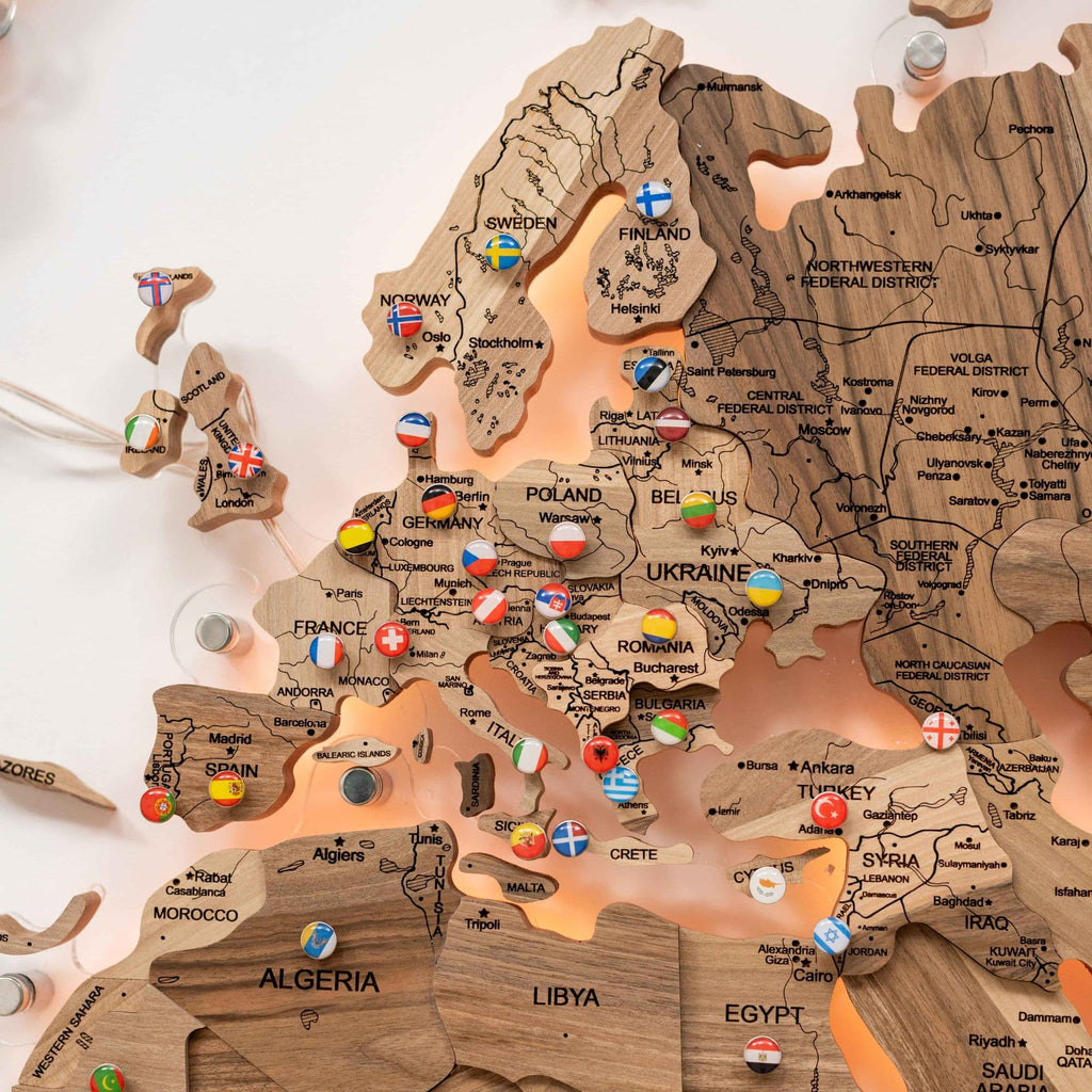 3D Solid Wooden World Map - Walnut