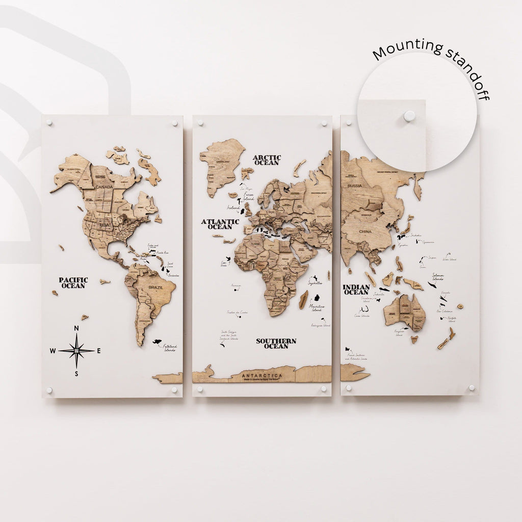 3D Wooden World Map Triptych Frameless - Terra
