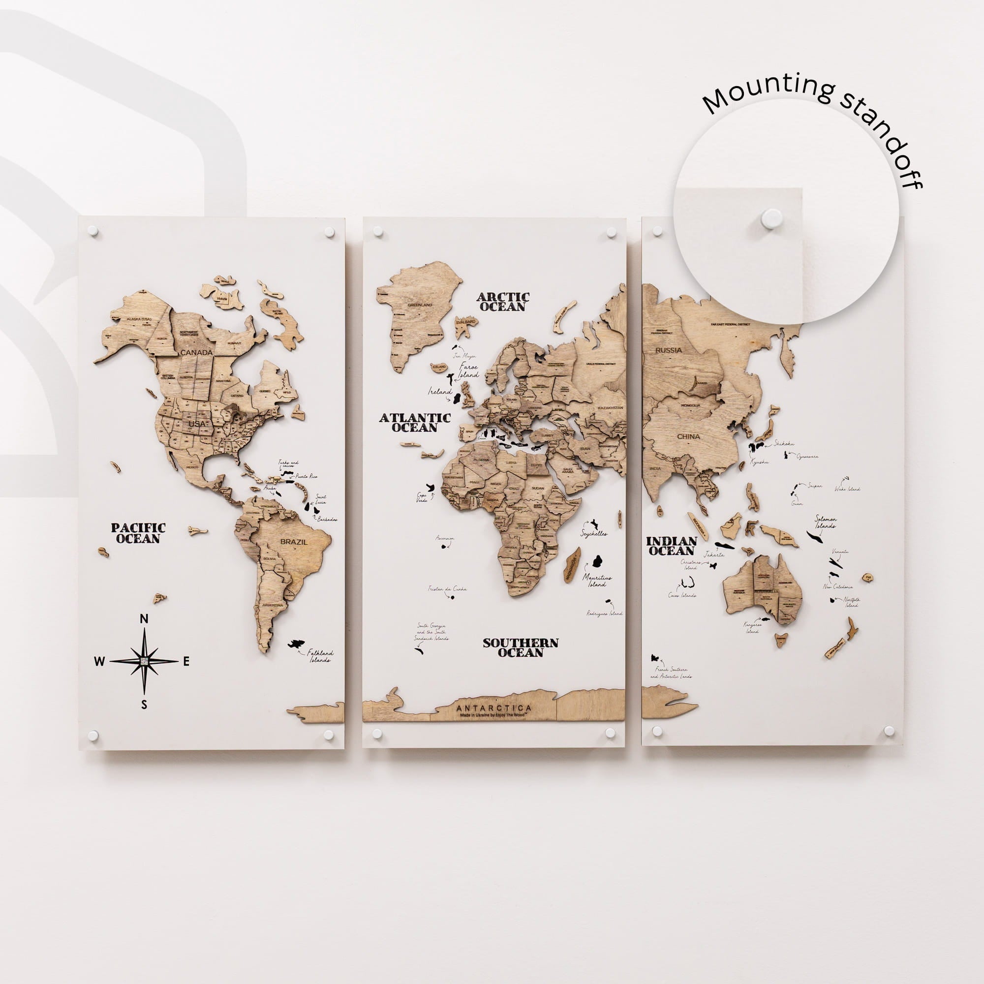 3D Wooden World Map Triptych Frameless - Terra