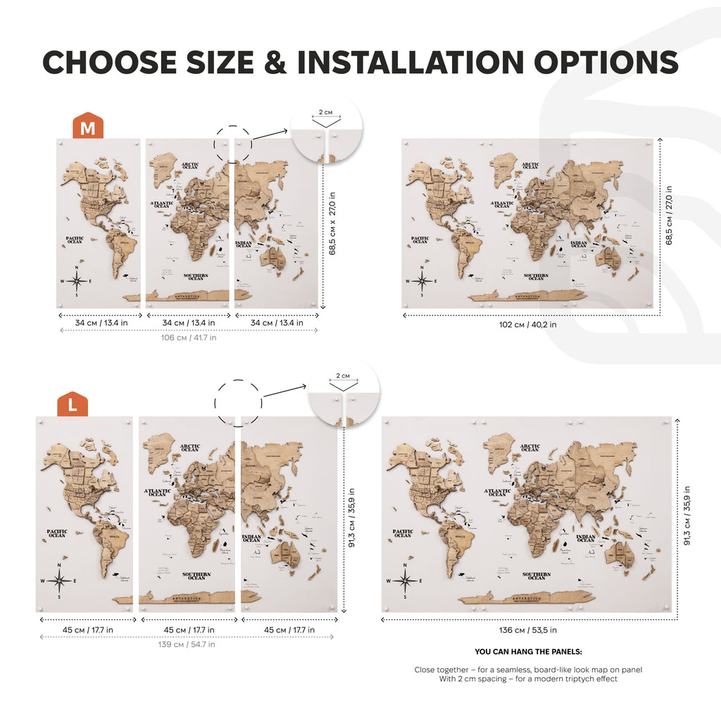 3D Wooden World Map Triptych Frameless - Terra