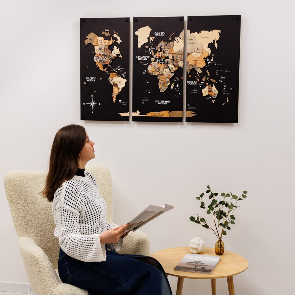 3D Wooden World Map Triptych Frameless - Multicolor