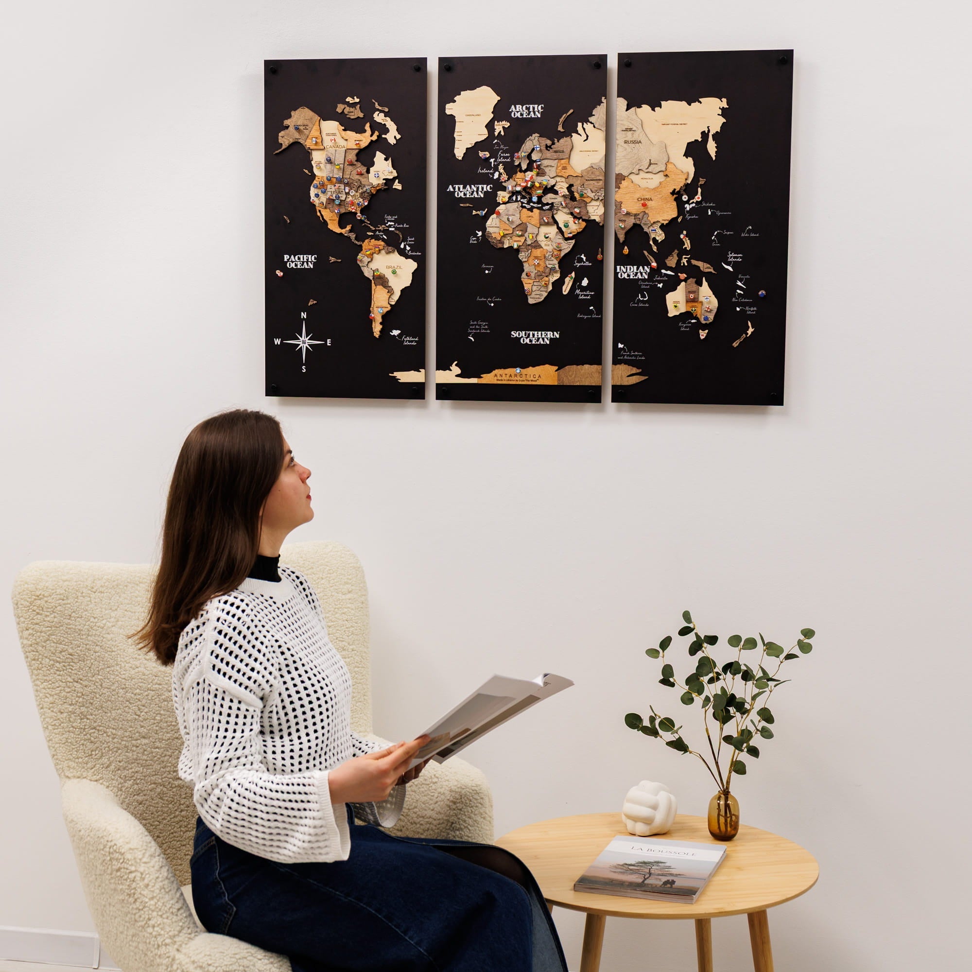 3D Wooden World Map Triptych Frameless - Multicolor
