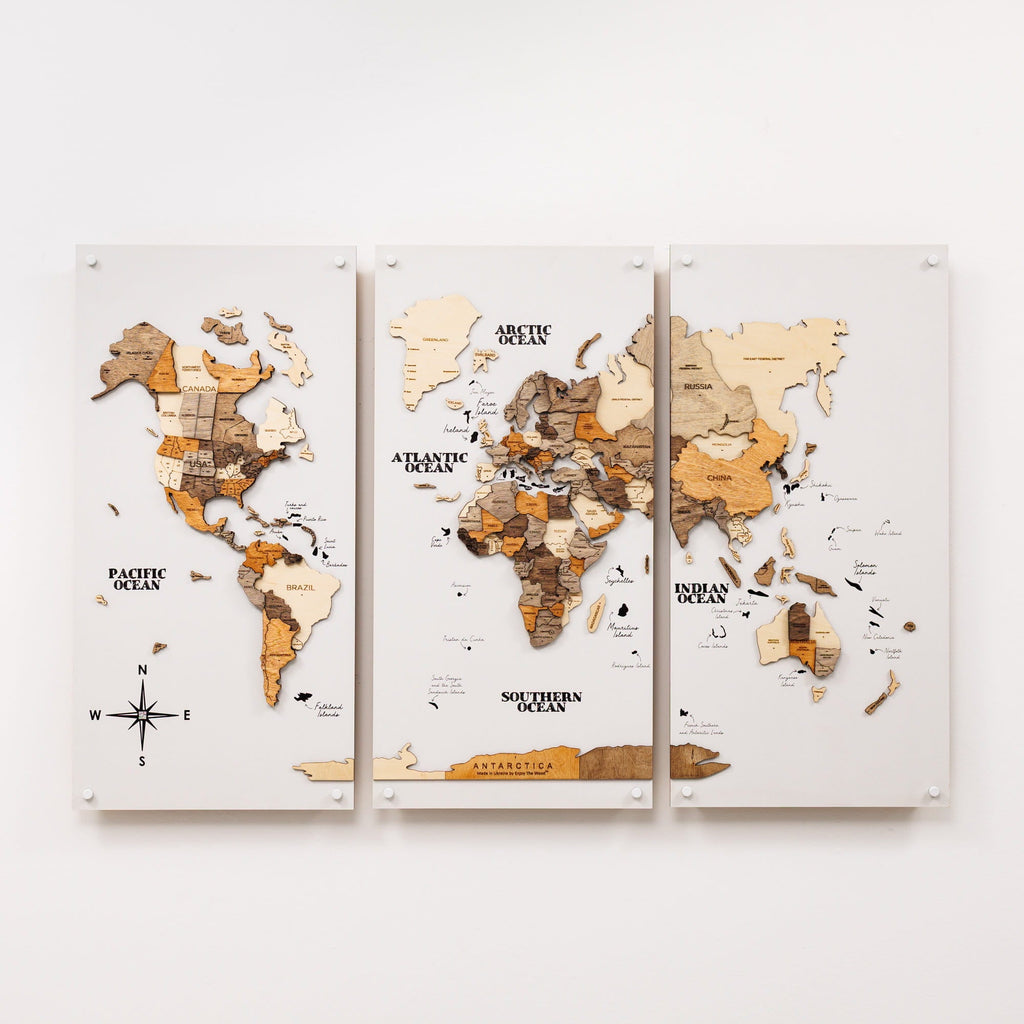 3D Wooden World Map Triptych Frameless - Multicolor