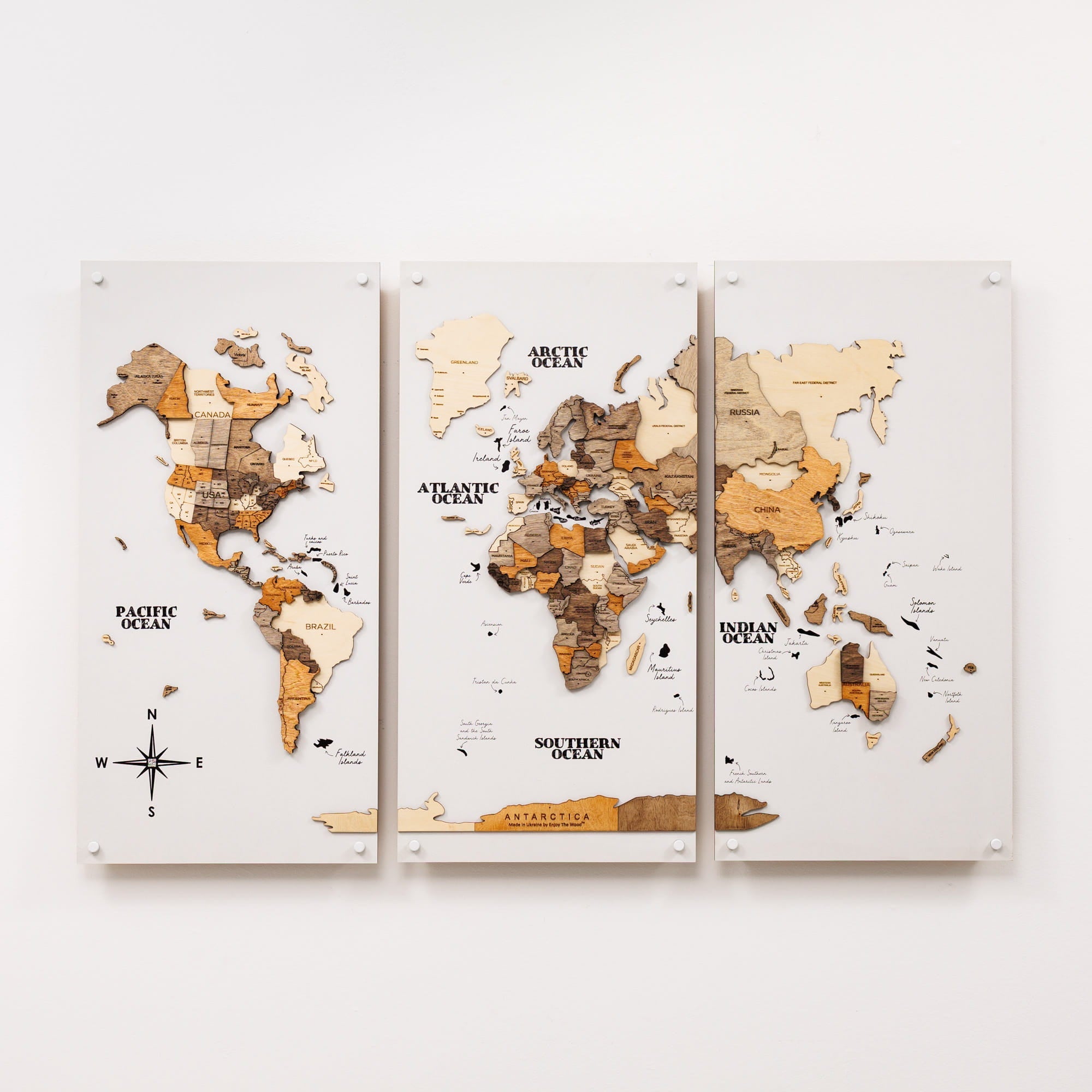 3D Wooden World Map Triptych Frameless - Multicolor