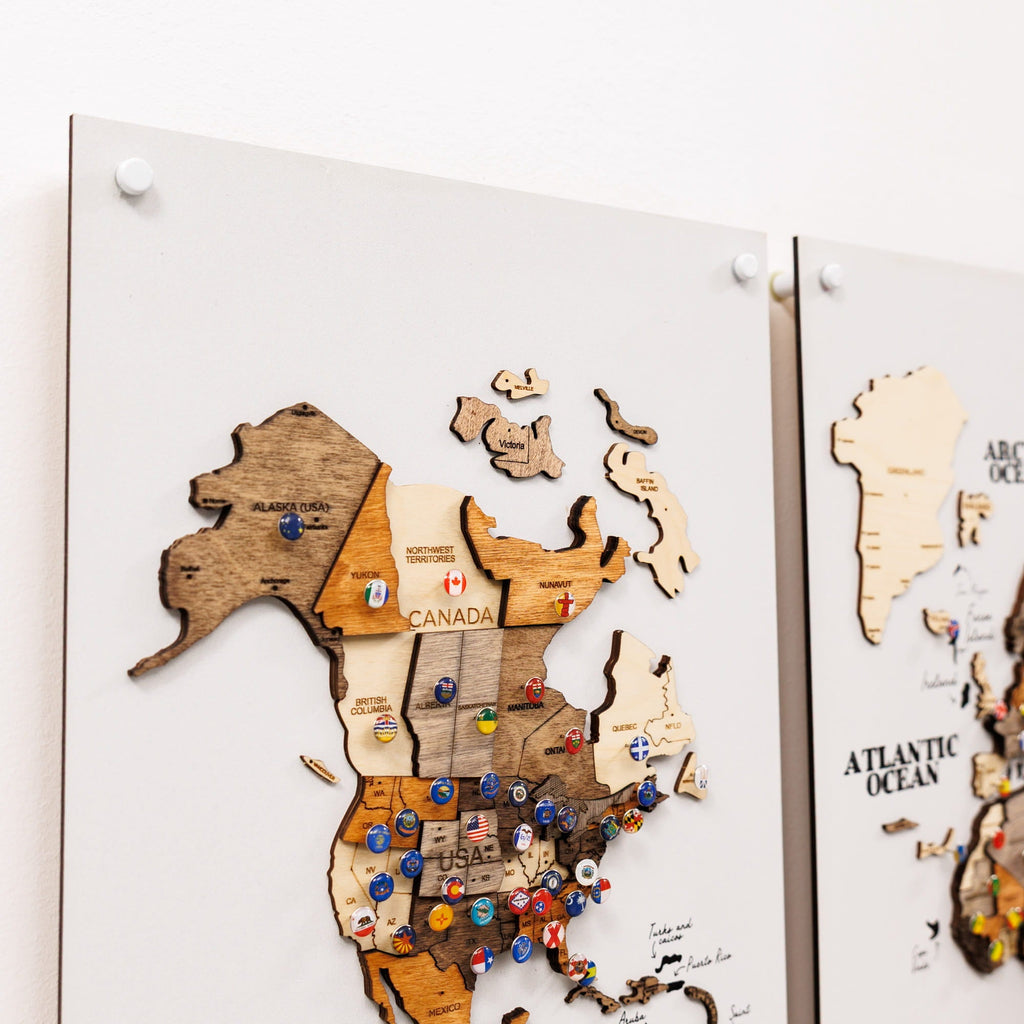 3D Wooden World Map Triptych Frameless - Multicolor