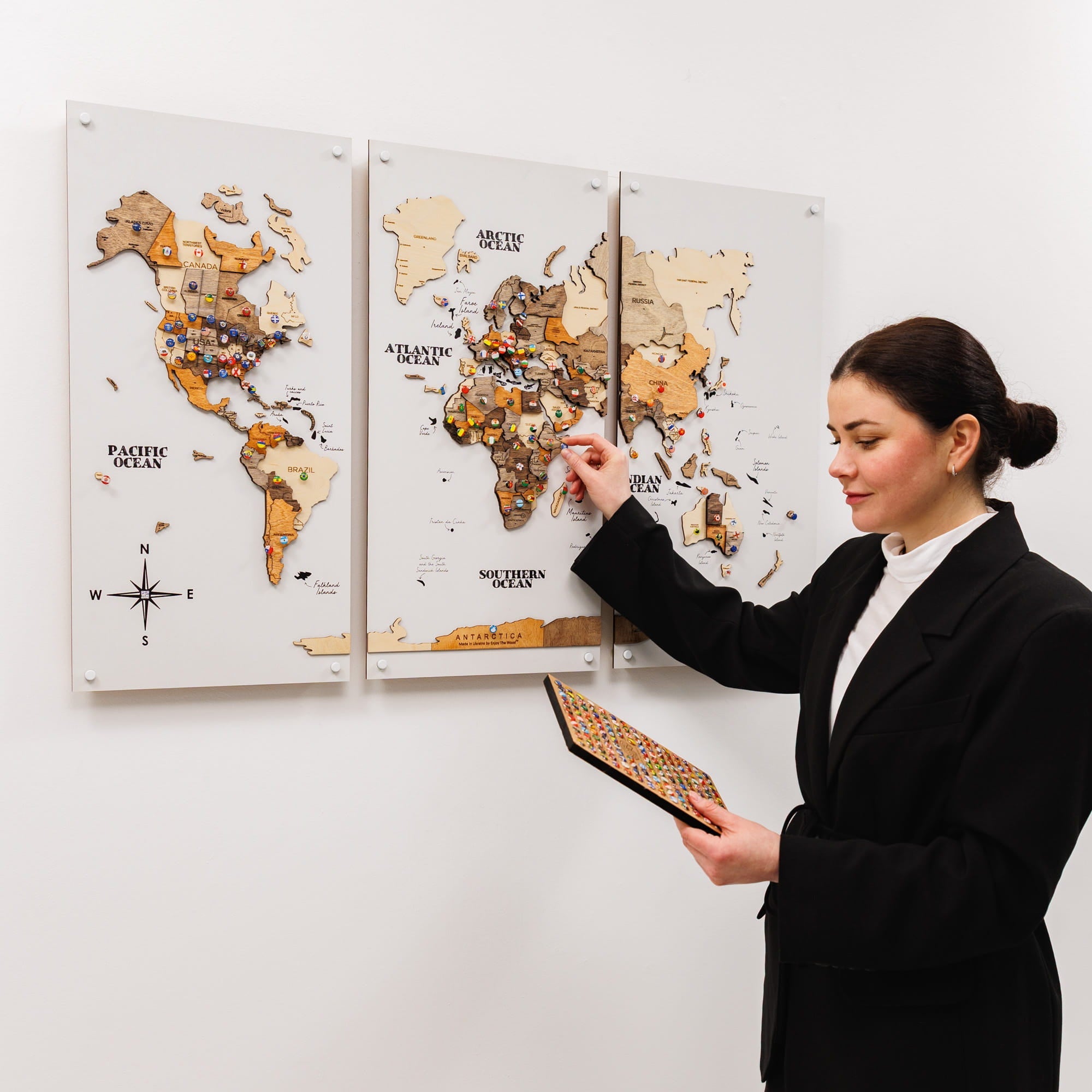 3D Wooden World Map Triptych Frameless - Multicolor
