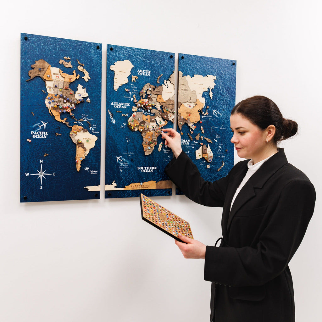 3D Wooden World Map Triptych Frameless - Multicolor