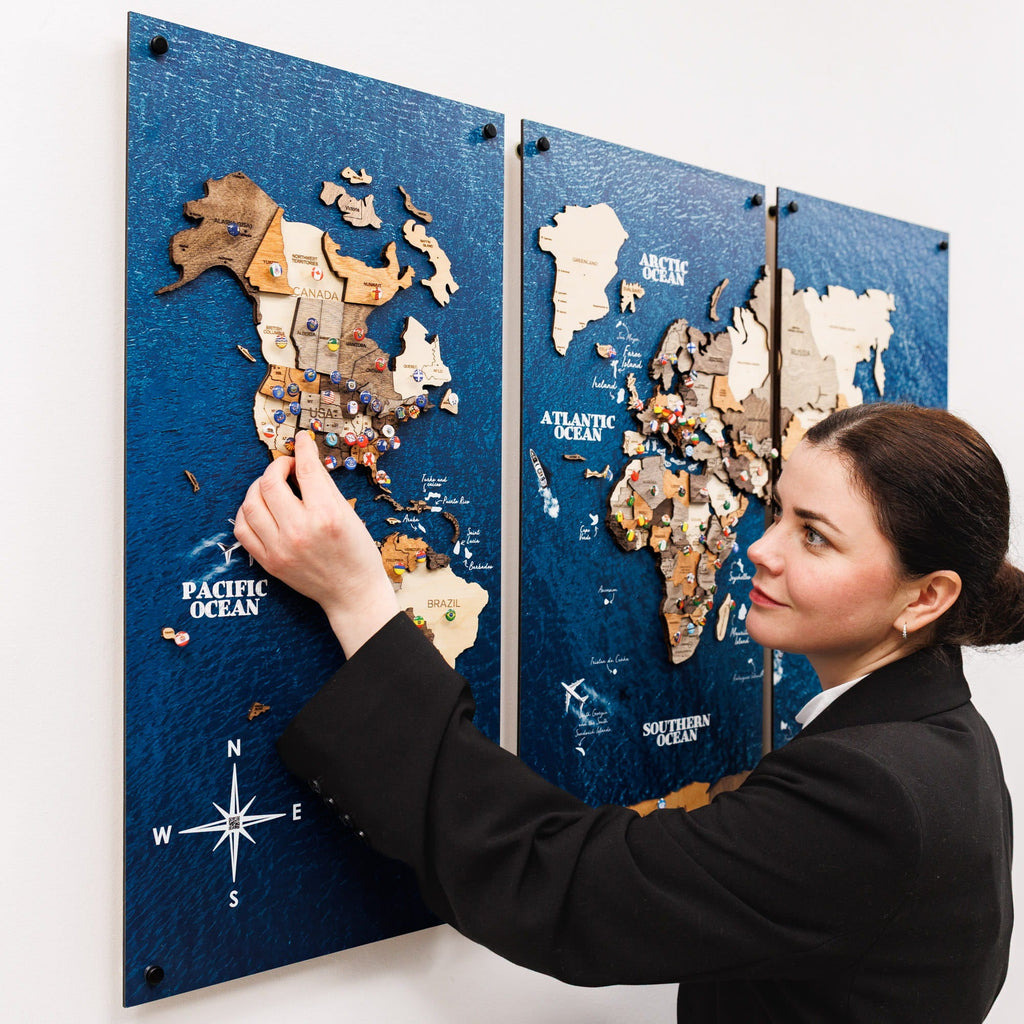 3D Wooden World Map Triptych Frameless - Multicolor