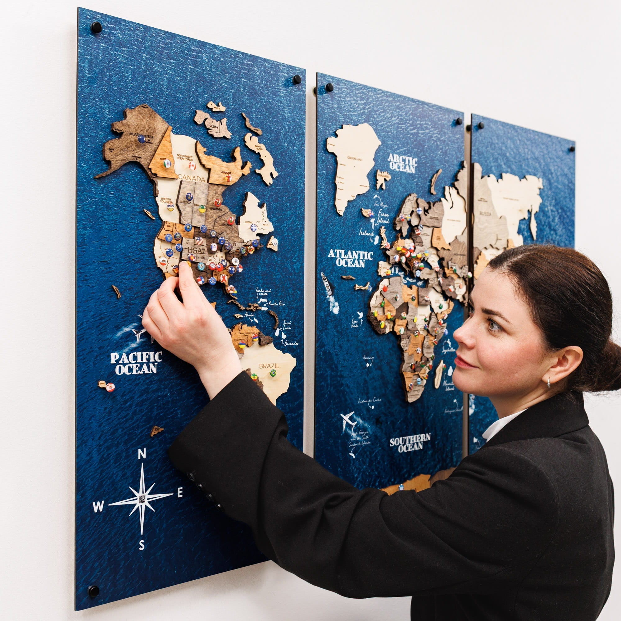 3D Wooden World Map Triptych Frameless - Multicolor
