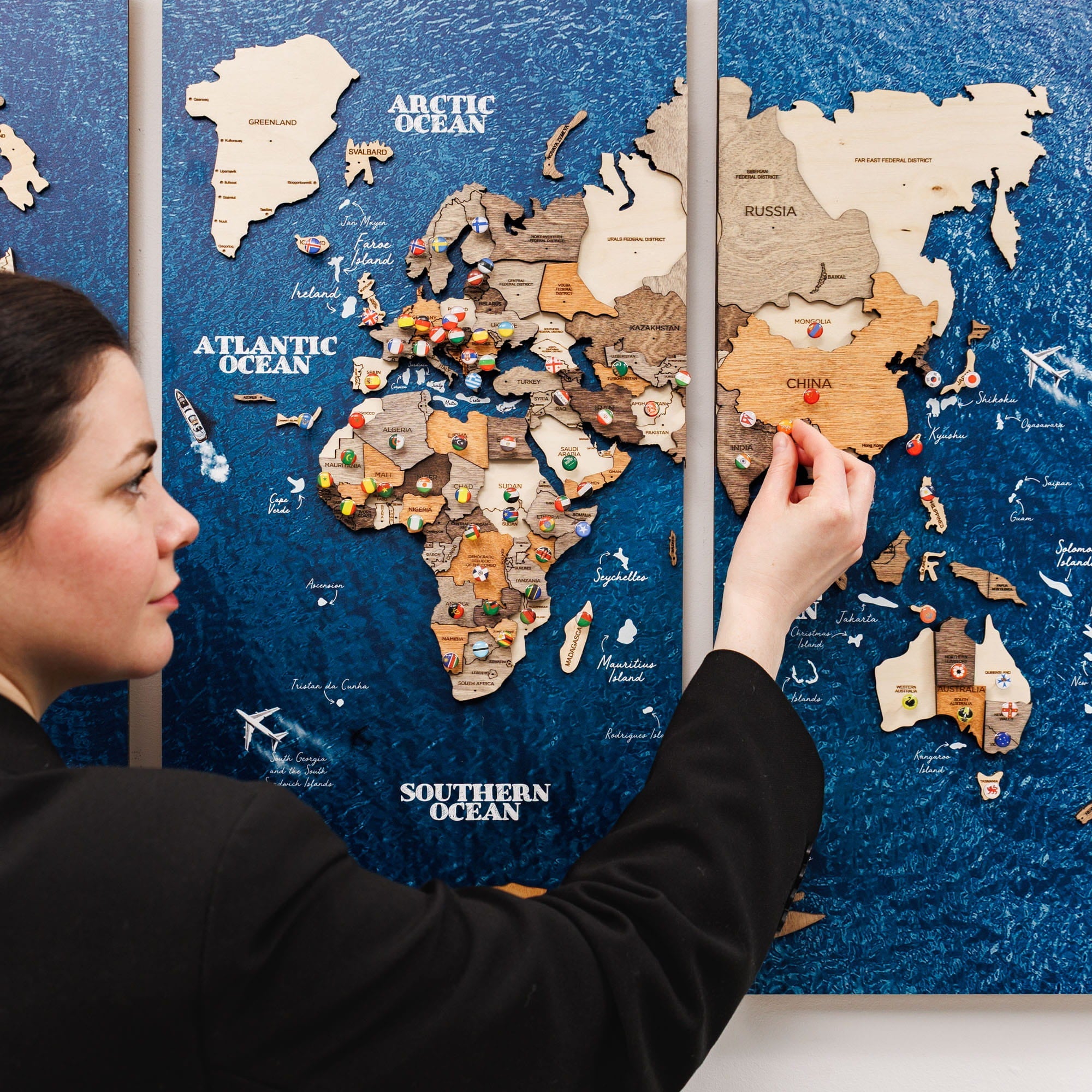 3D Wooden World Map Triptych Frameless - Multicolor