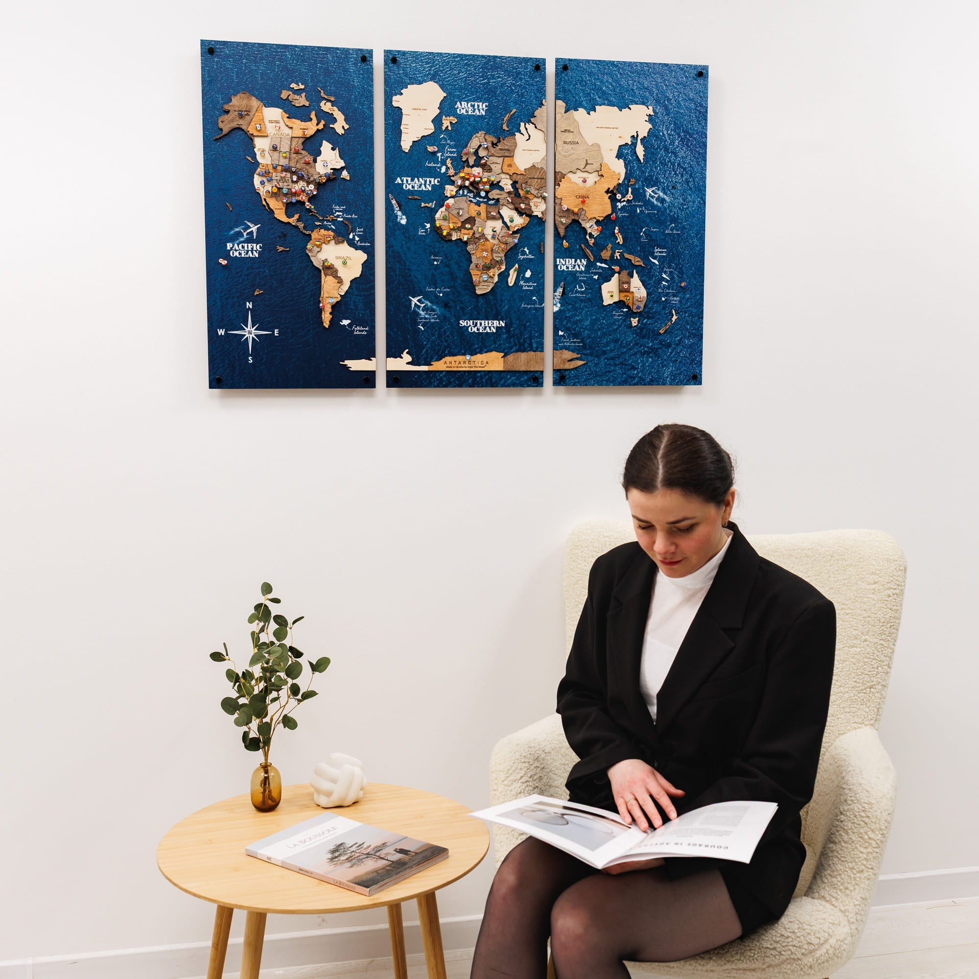 3D Wooden World Map Triptych Frameless - Multicolor