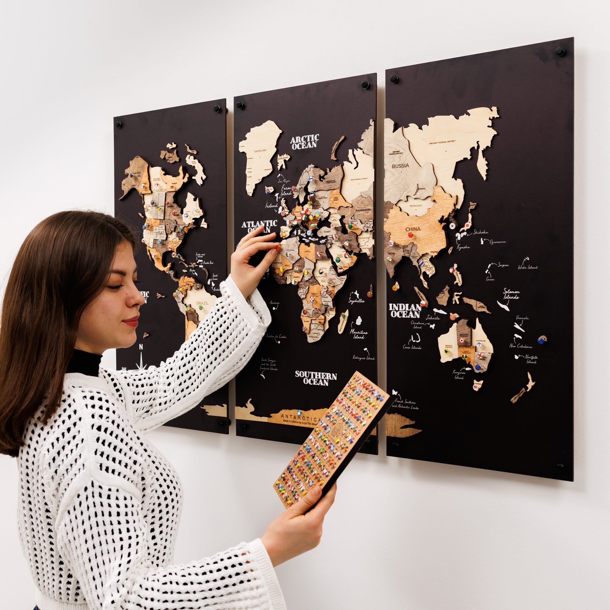 3D Wooden World Map Triptych Frameless - Multicolor