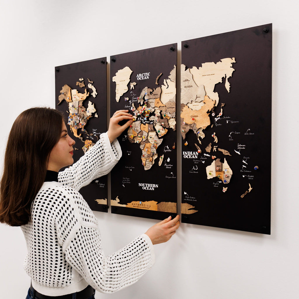 3D Wooden World Map Triptych Frameless - Multicolor