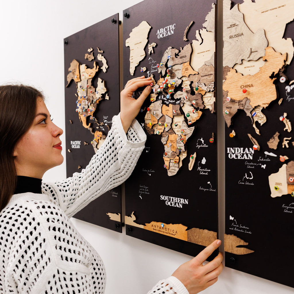 3D Wooden World Map Triptych Frameless - Multicolor