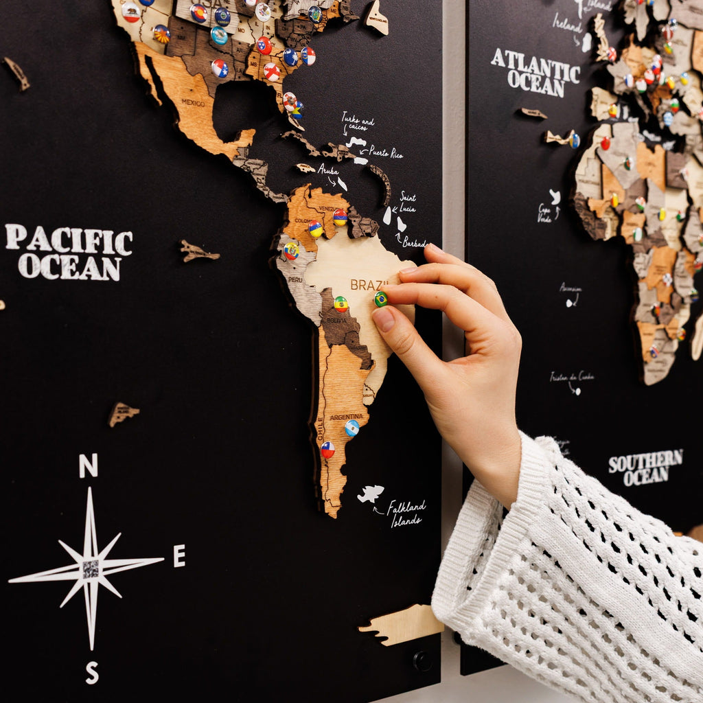 3D Wooden World Map Triptych Frameless - Multicolor