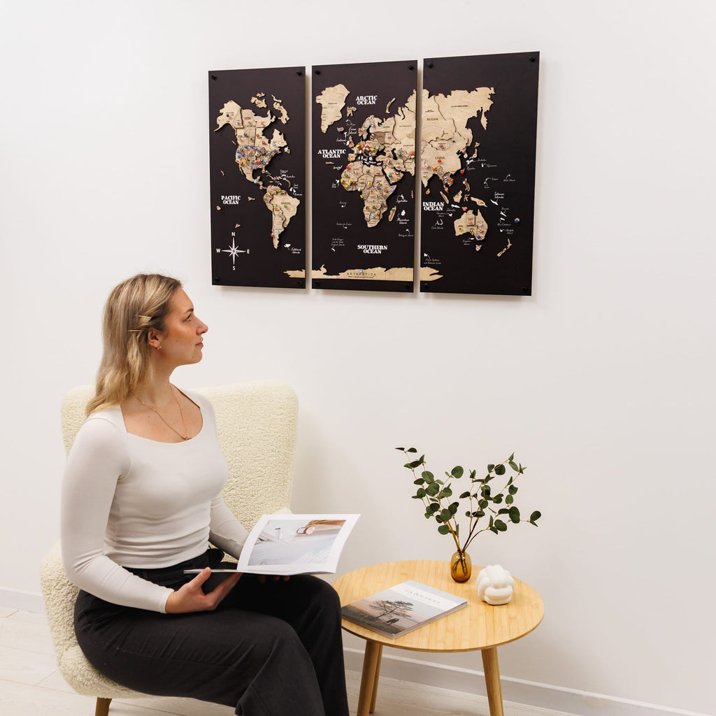 3D Wooden World Map Triptych Frameless - Terra