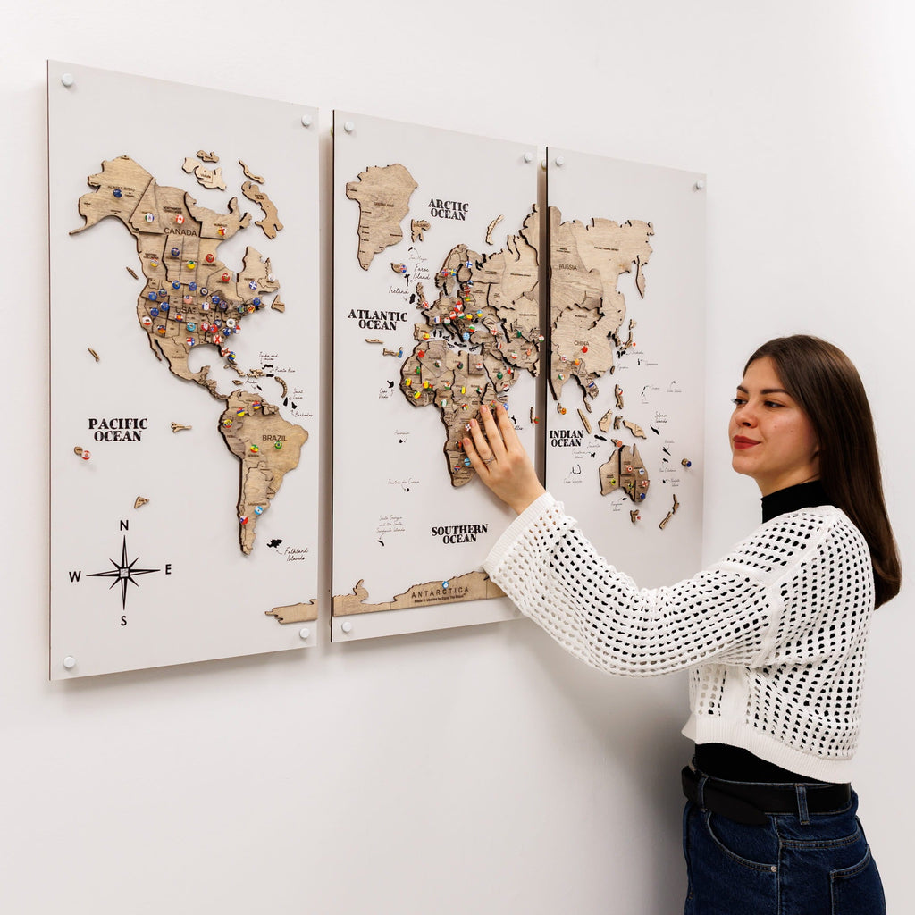 3D Wooden World Map Triptych Frameless - Terra