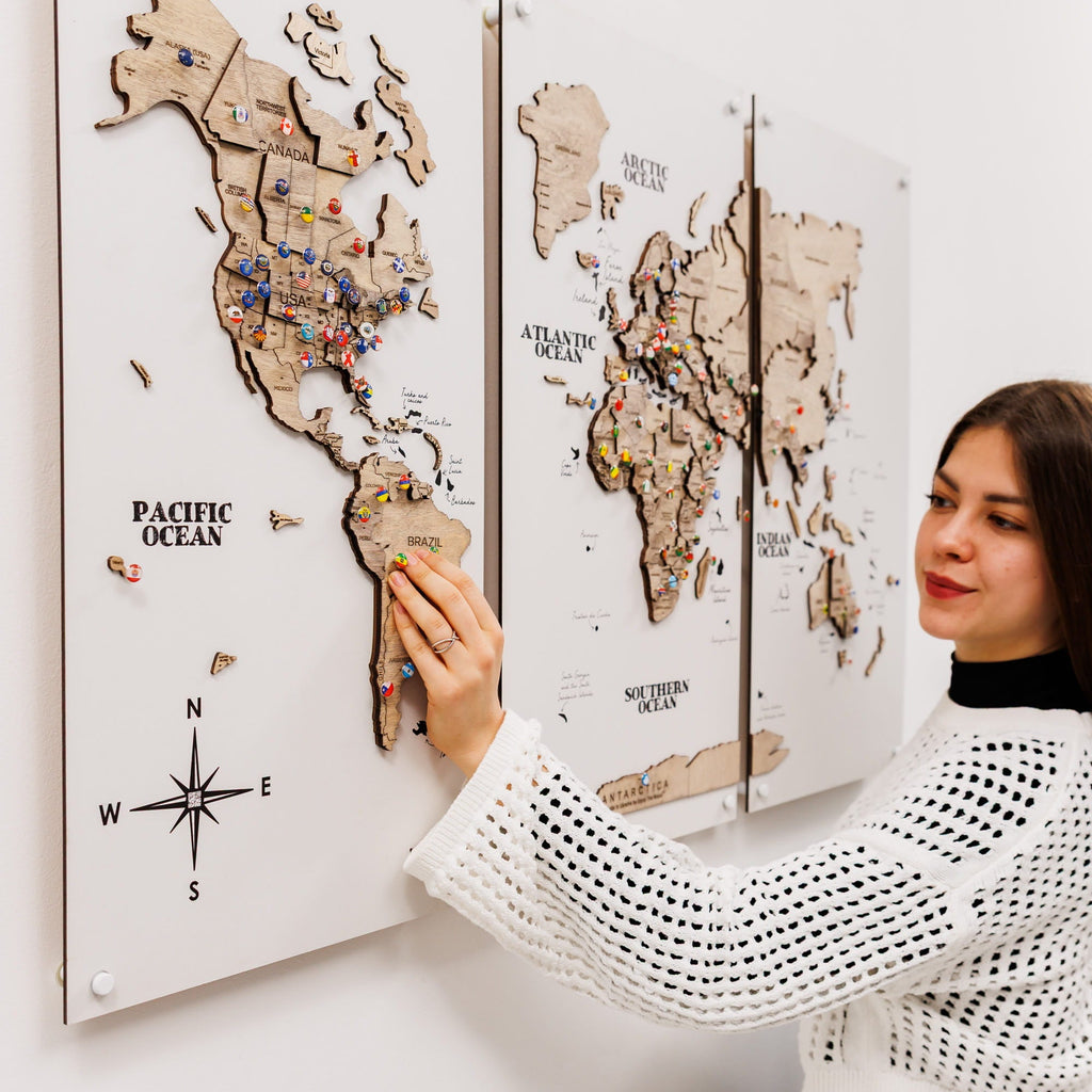 3D Wooden World Map Triptych Frameless - Terra
