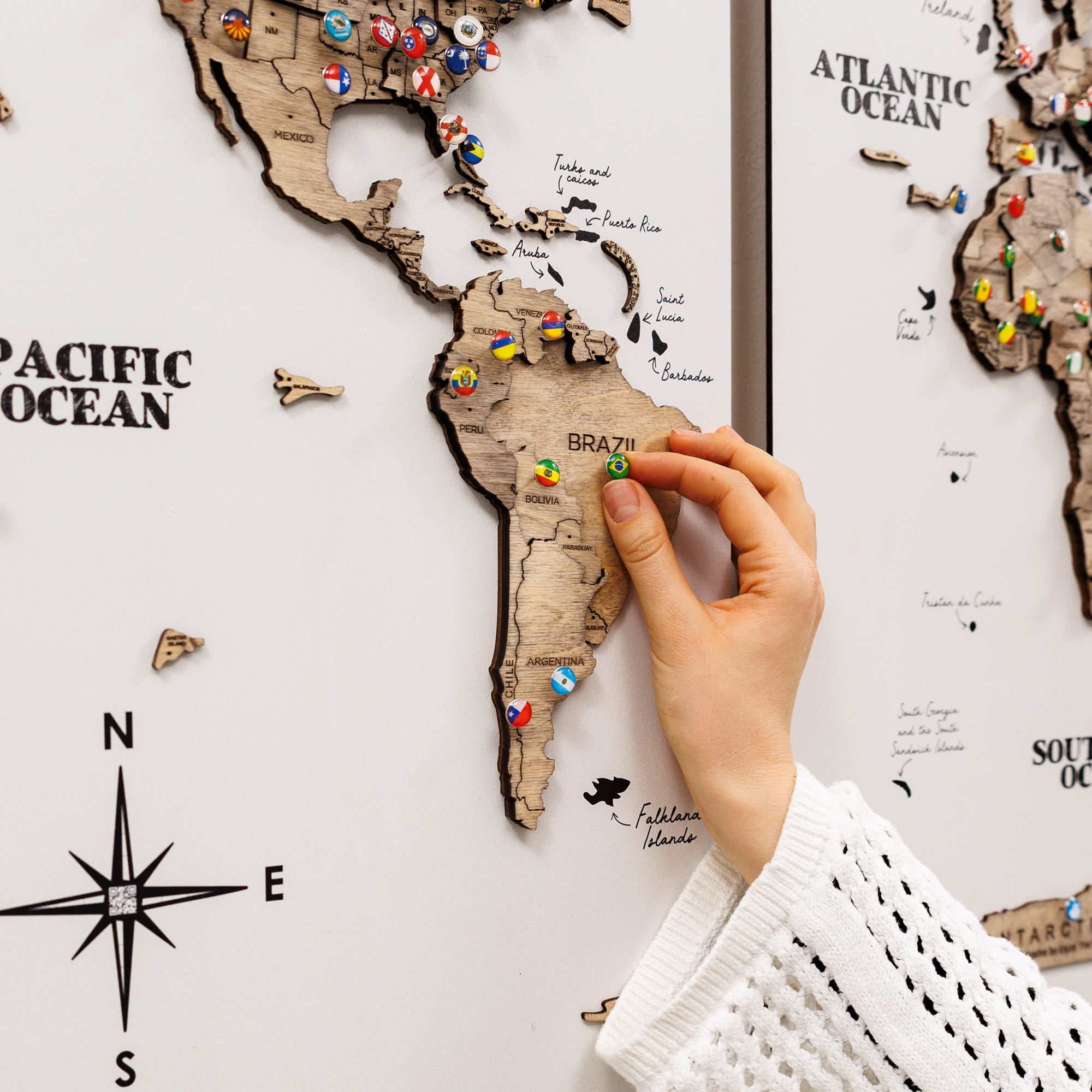 3D Wooden World Map Triptych Frameless - Terra