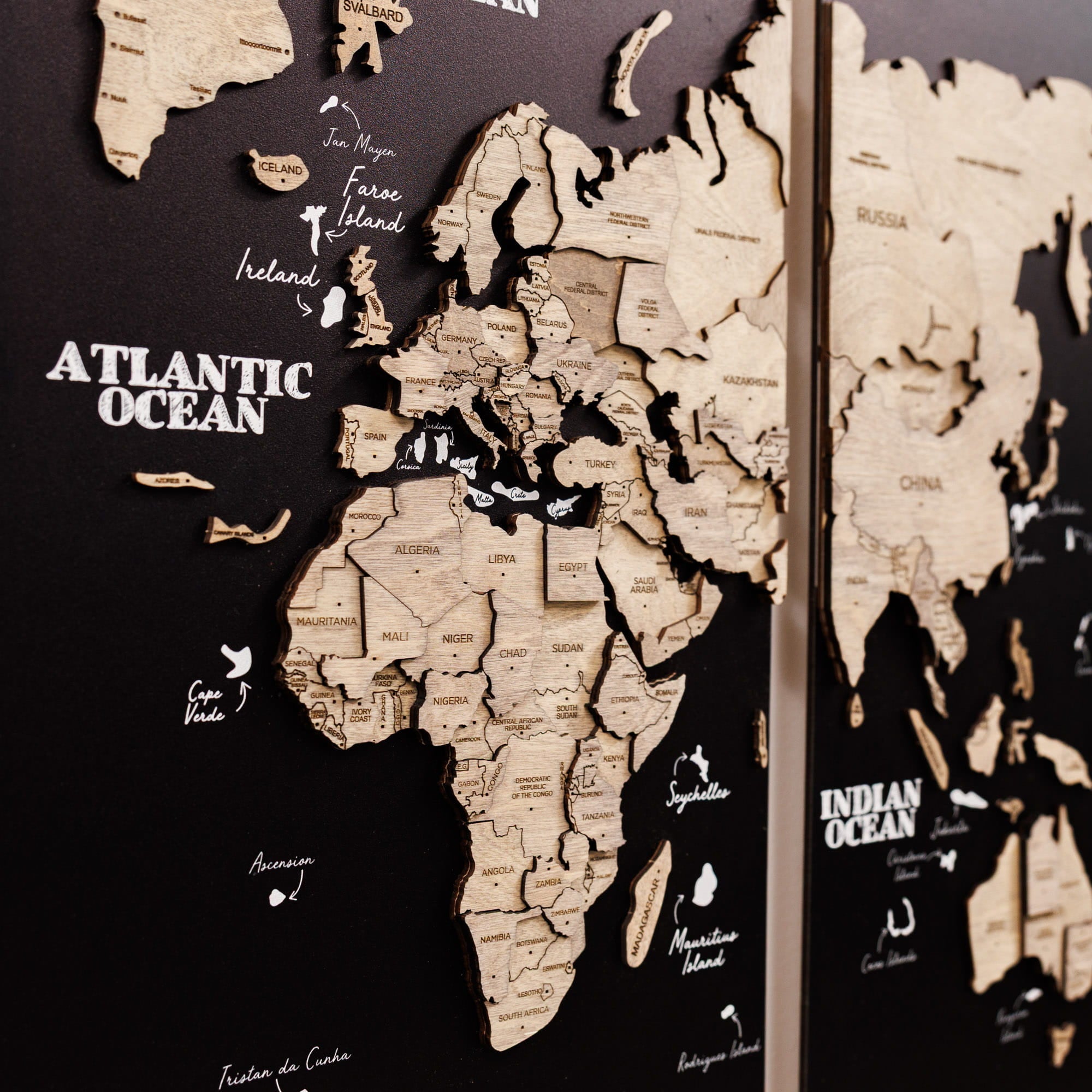 3D Wooden World Map Triptych Frameless - Terra