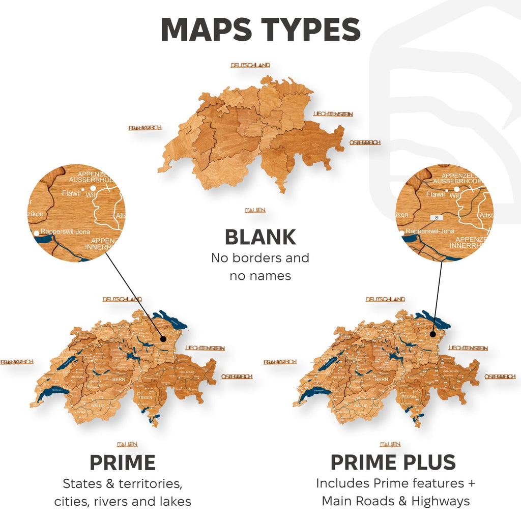 3D Wooden Map of Switzerland - Oak