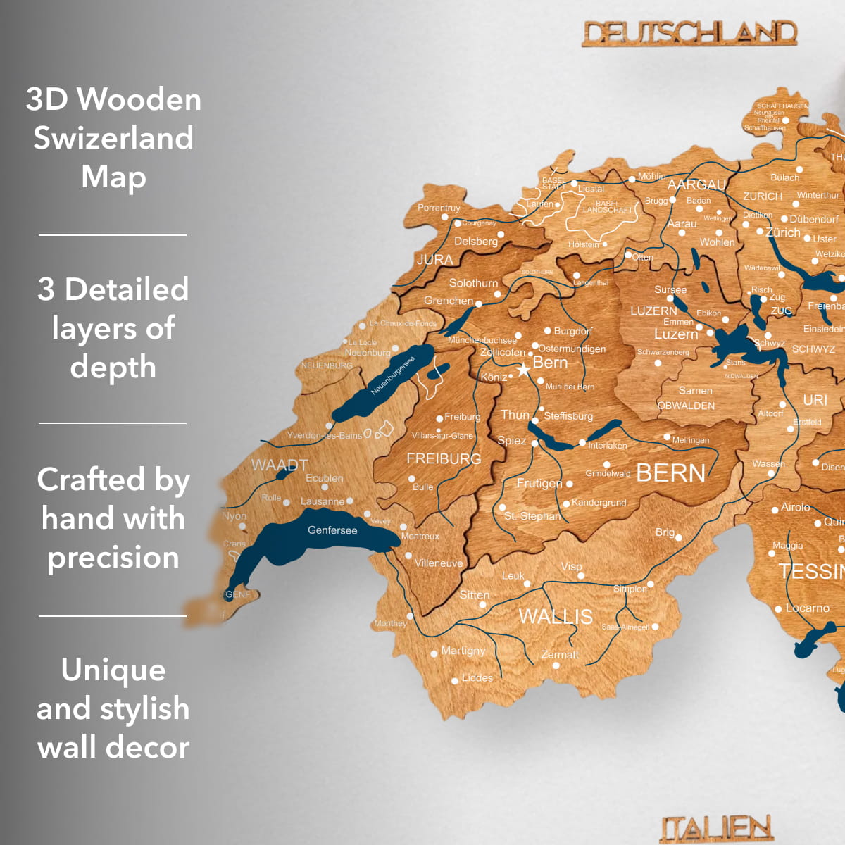 3D Wooden Map of Switzerland - Oak