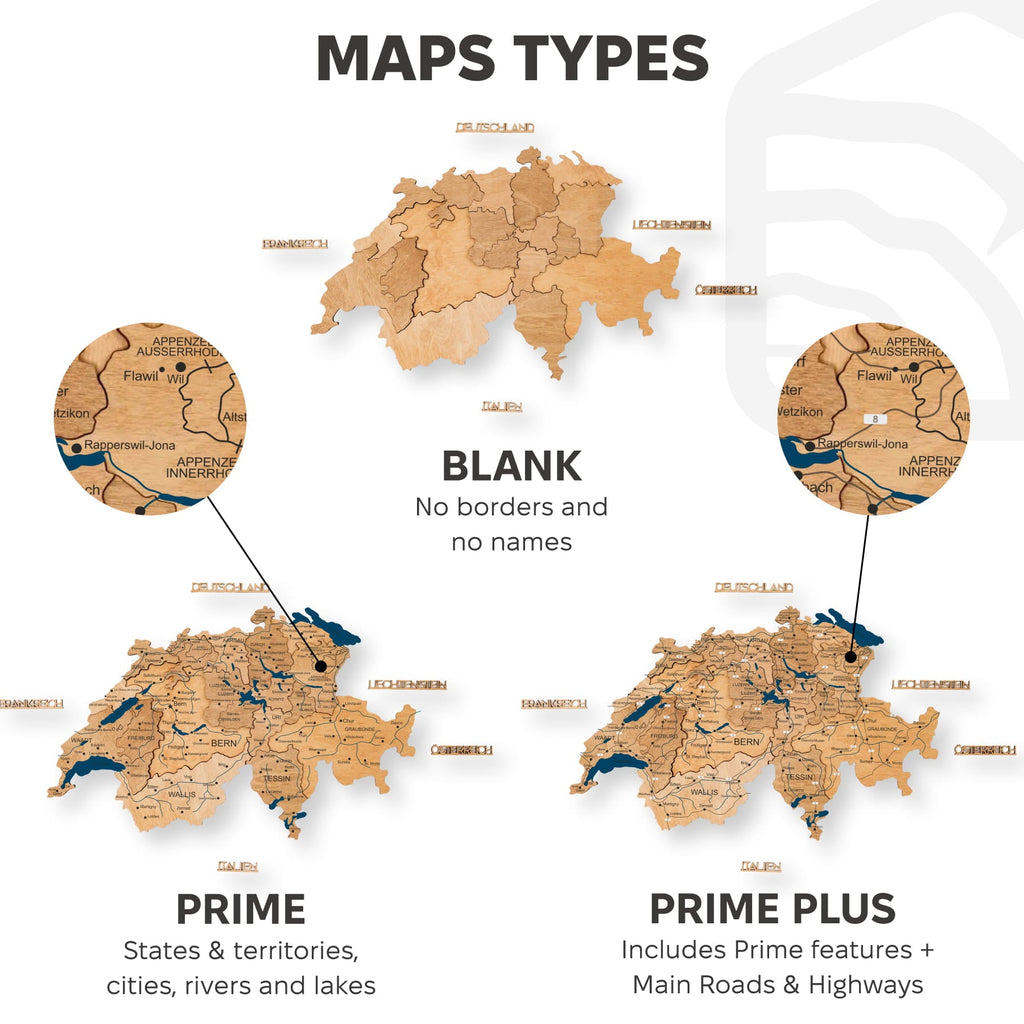 3D Wooden Map of Switzerland - Gold