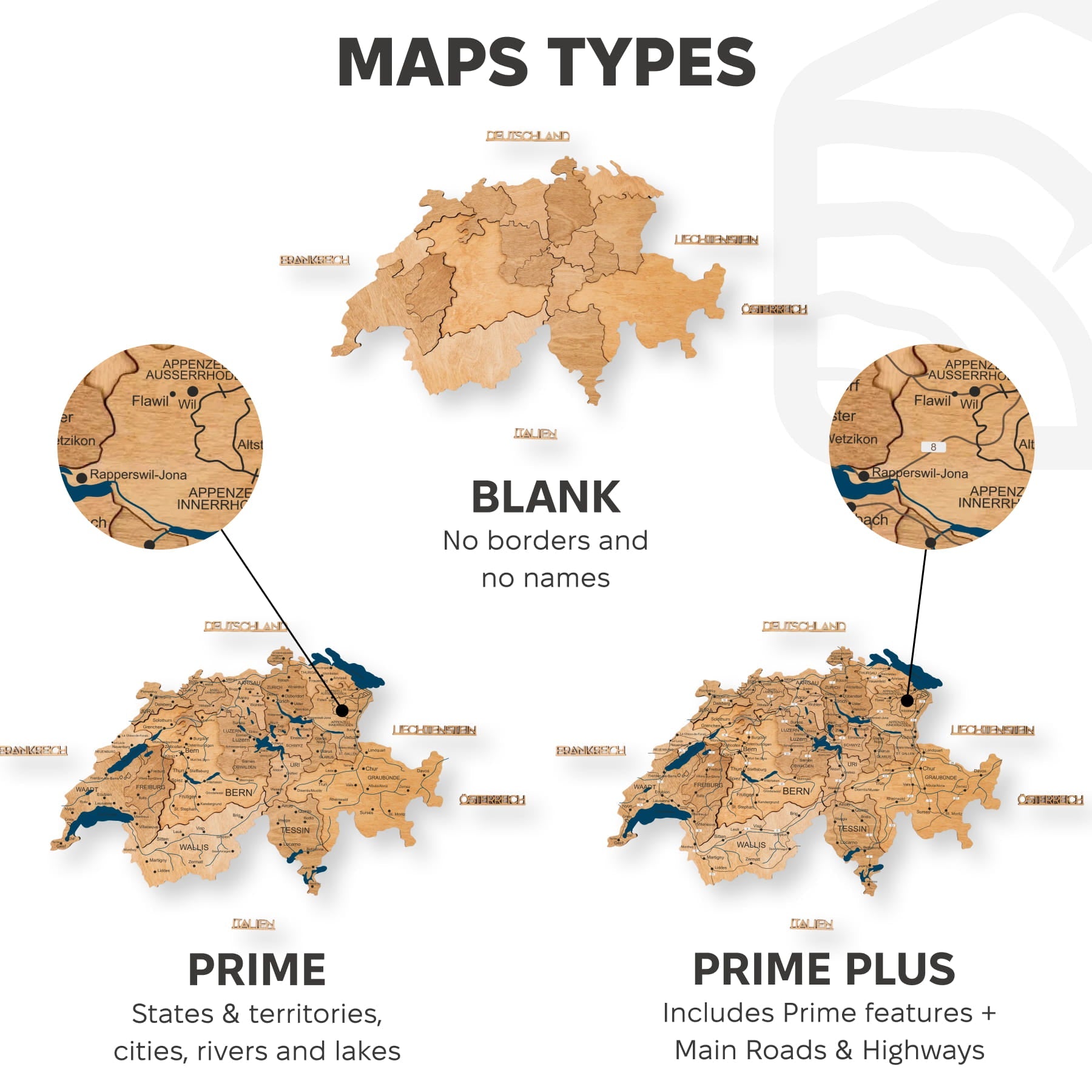 3D Wooden Map of Switzerland - Gold