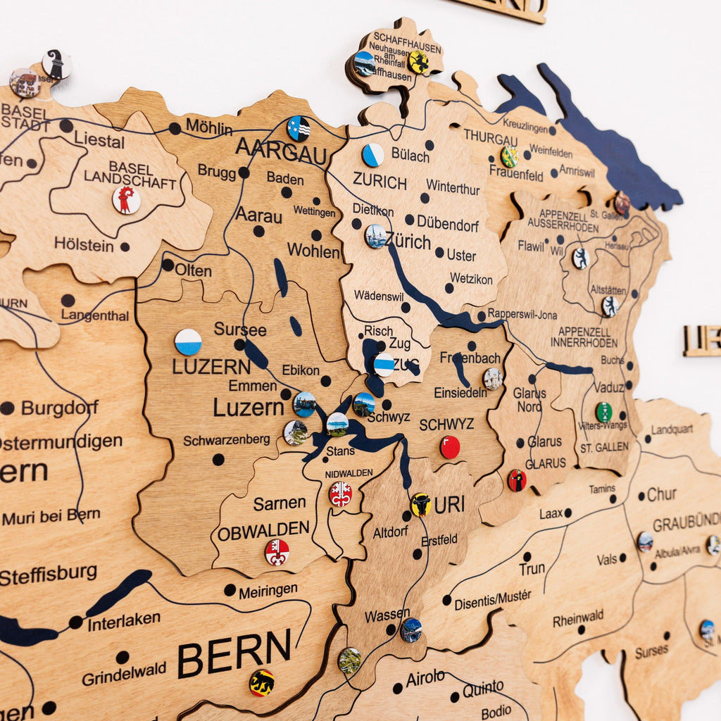 3D Wooden Map of Switzerland - Gold