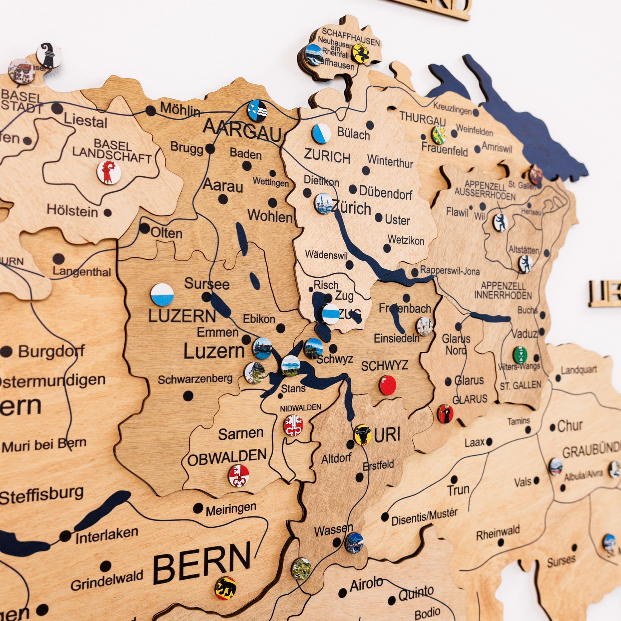 3D Wooden Map of Switzerland - Gold