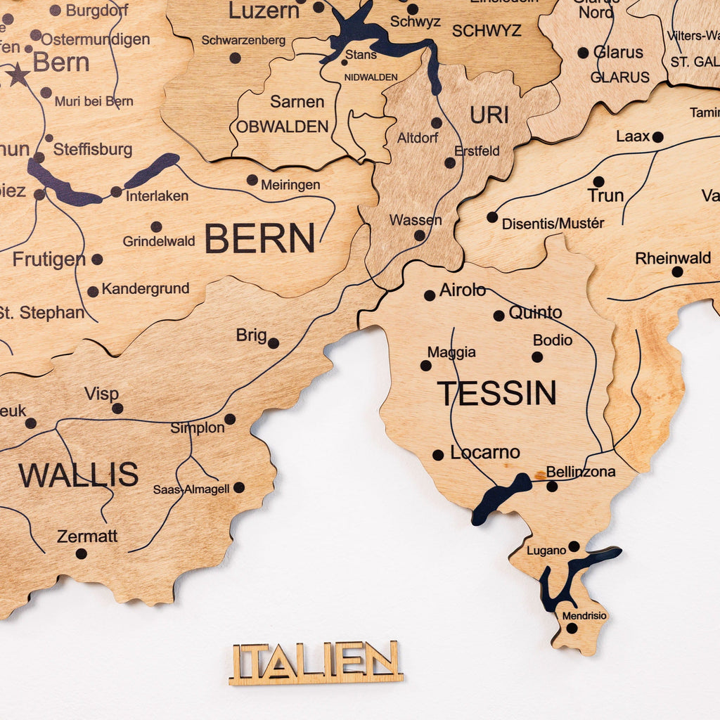 3D Wooden Map of Switzerland - Gold
