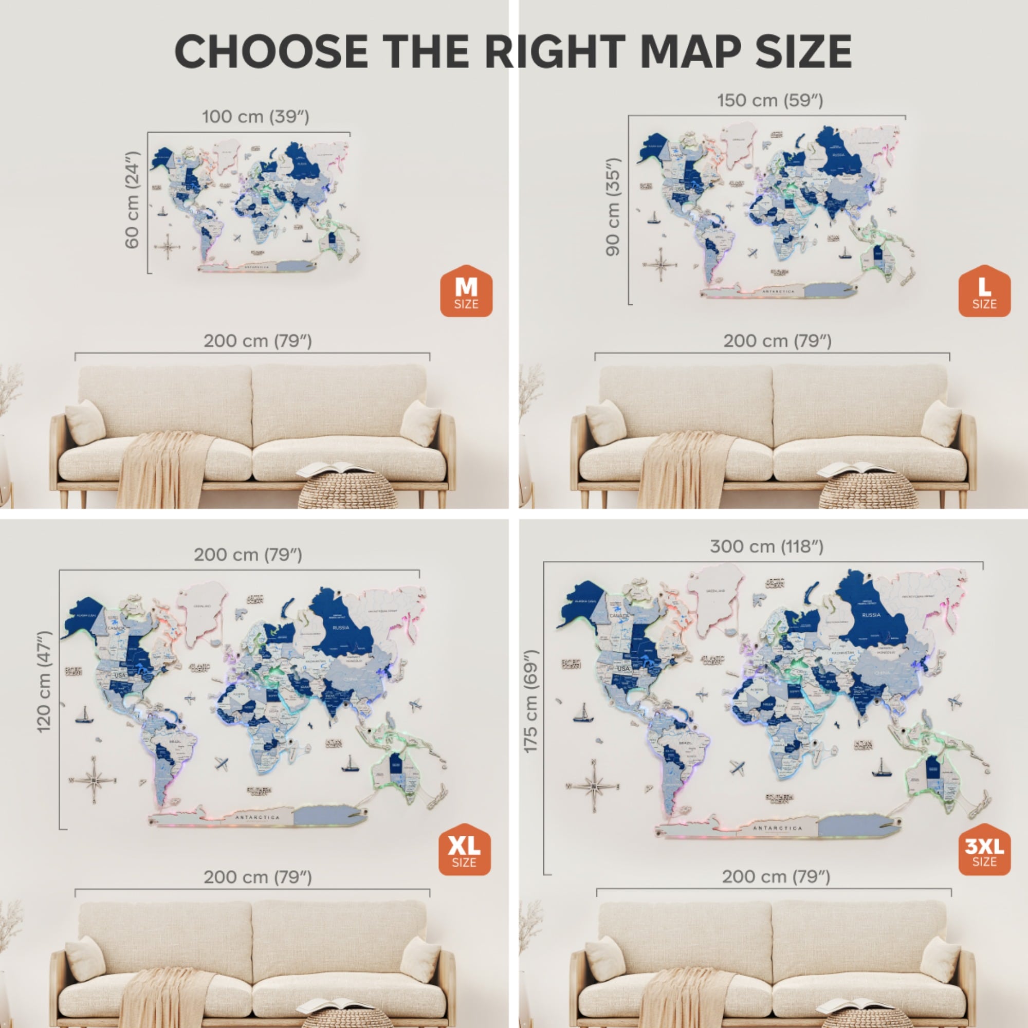 3D LUMINOUS LED Wooden World Map 2.0 Aqua