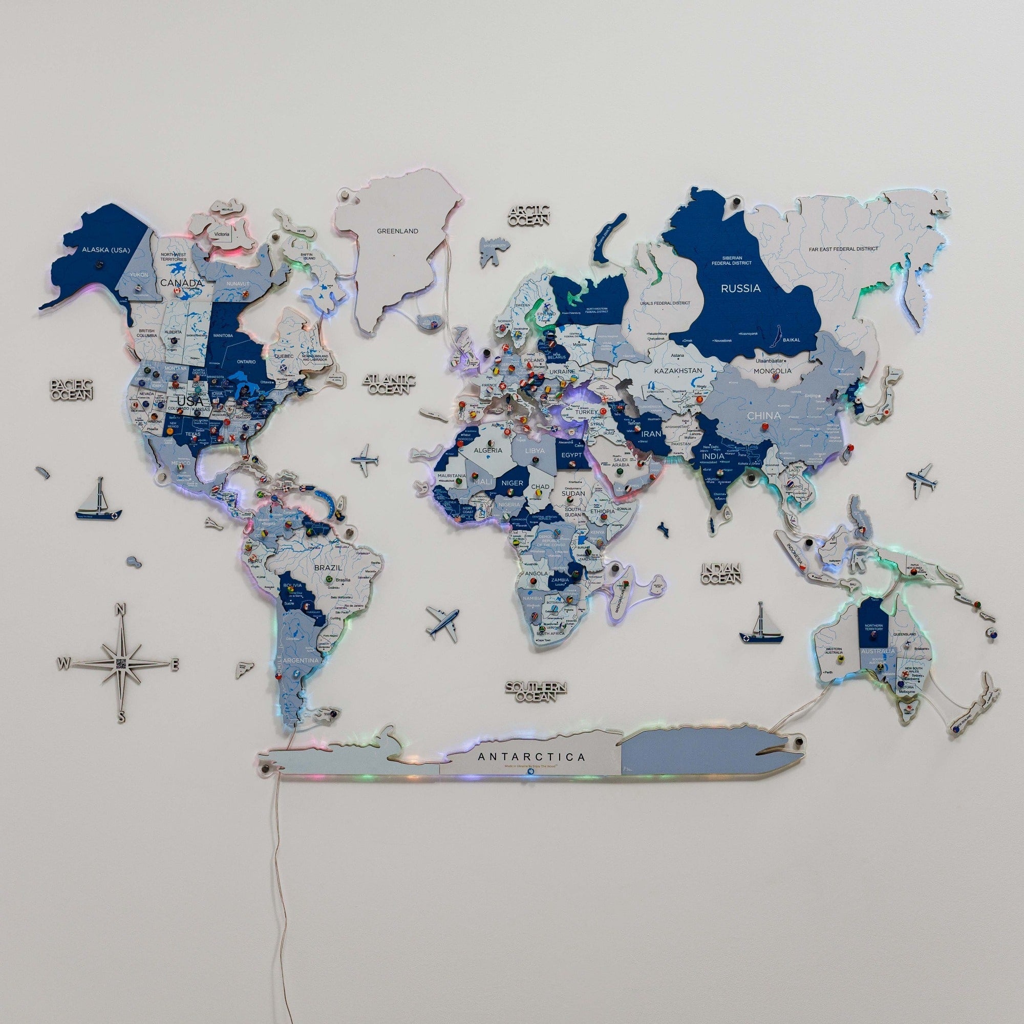 3D LUMINOUS LED Wooden World Map 2.0 Aqua