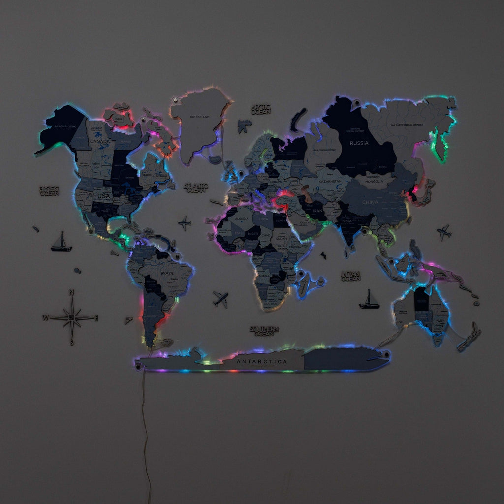 3D LUMINOUS LED Wooden World Map 2.0 Aqua