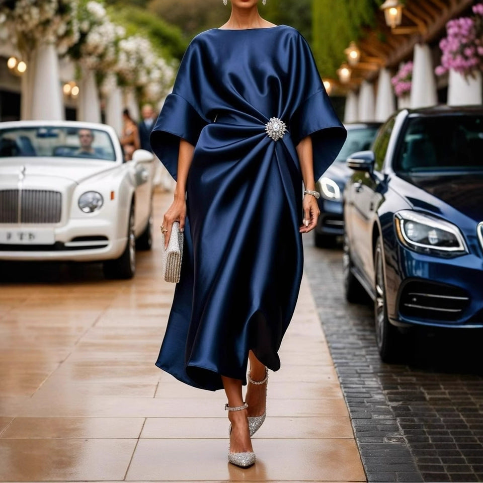 Elegant Commuter Design Sense Satin Long Dress For Women With Pearl Flower Decoration High Waist Irregular Skirt