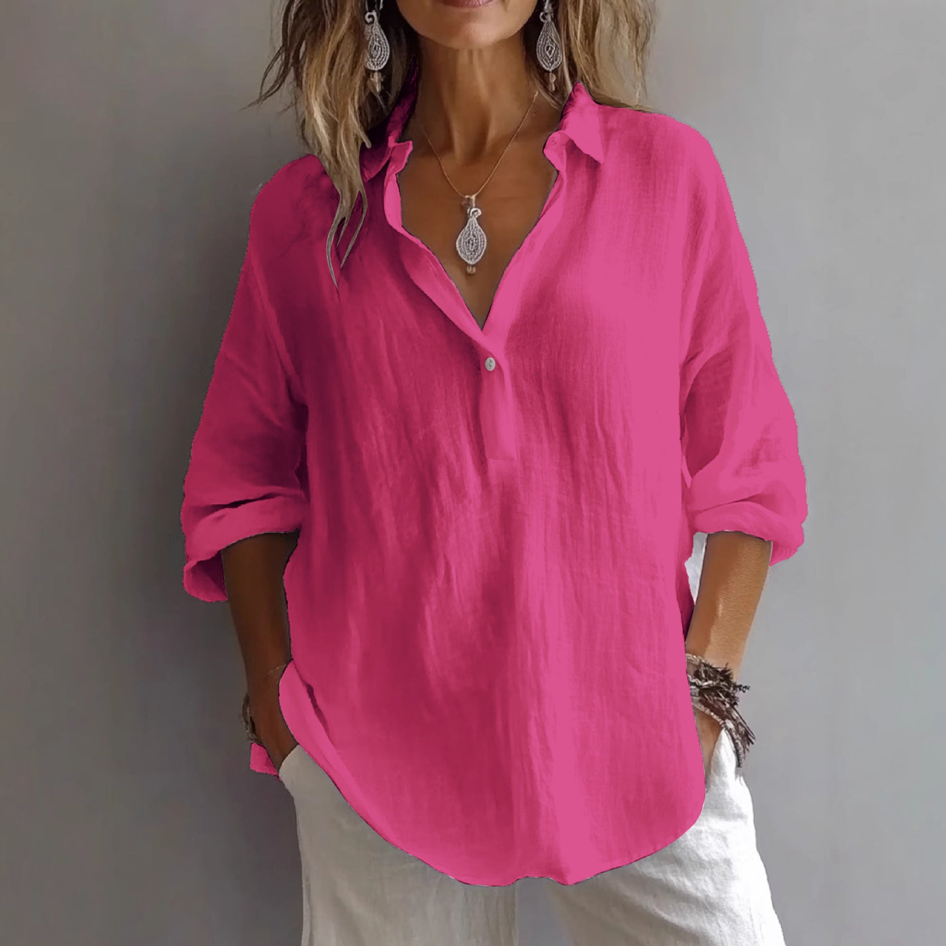 Fashion Long-sleeved Lapel Pullover Shirt Casual Loose Solid Color T-shirt Tops Women's Clothing