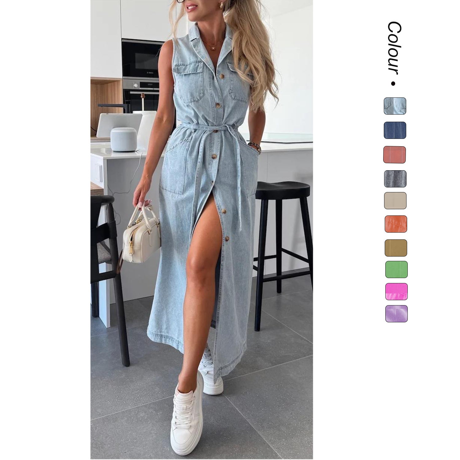 Sleeveless Long Tie Waist Single-breasted Denim Dress