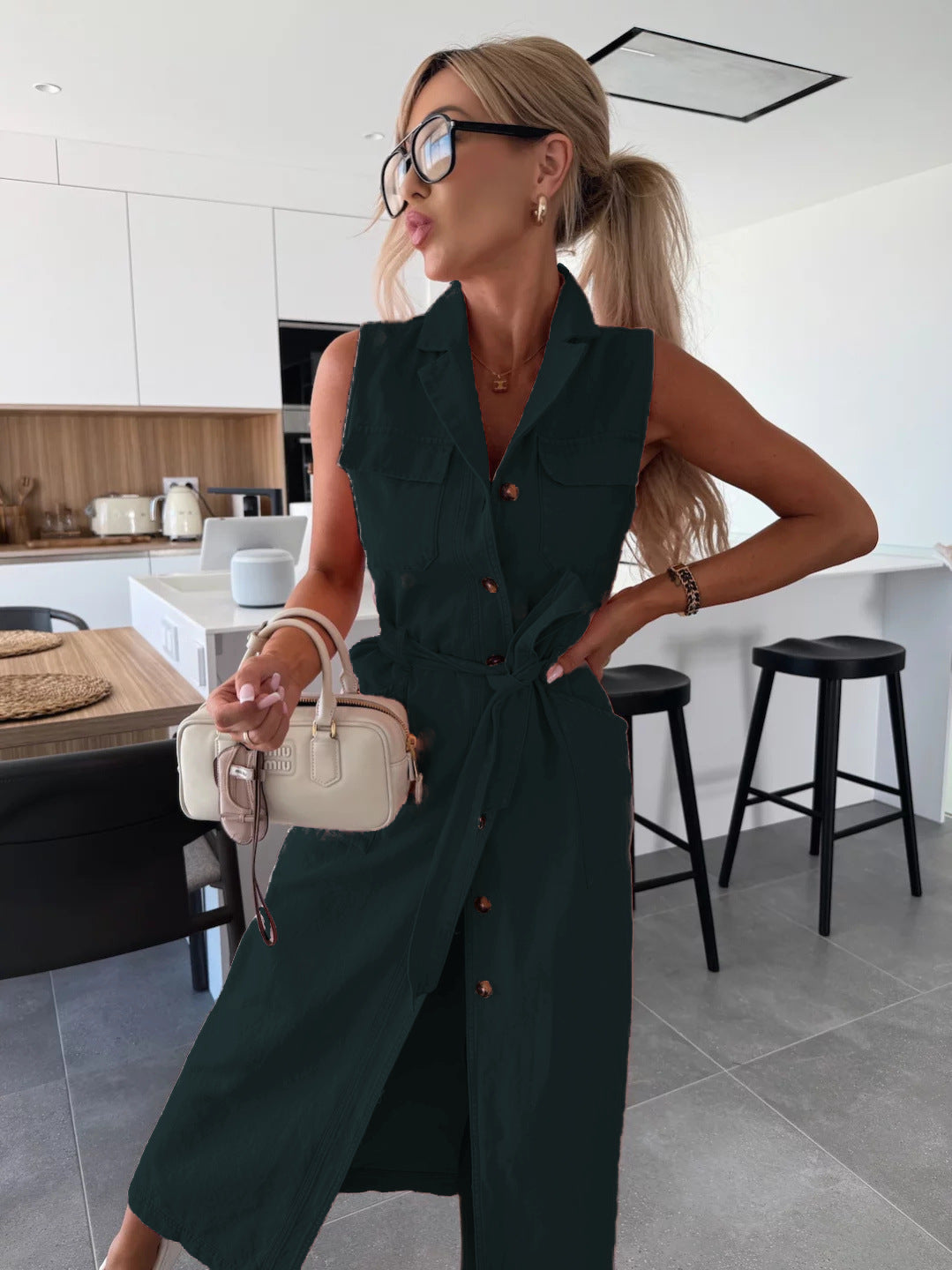 Sleeveless Long Tie Waist Single-breasted Denim Dress