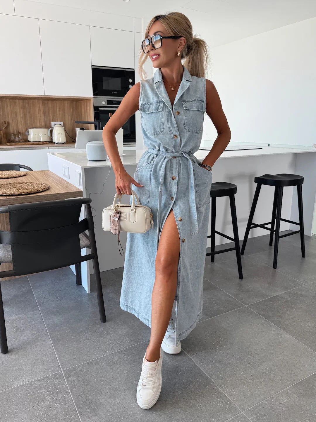 Sleeveless Long Tie Waist Single-breasted Denim Dress